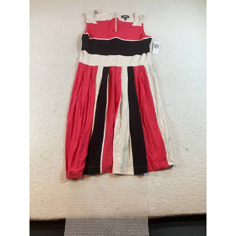 Neiman Marcus Pink Black White Striped Sleeveless Pleated Colorblock Midi Dress